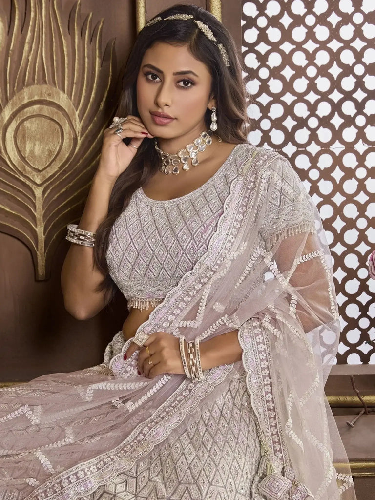 Enchanting Light Purple Embroidered Net Lehenga Choli With Dupatta - Ethnic Plus In