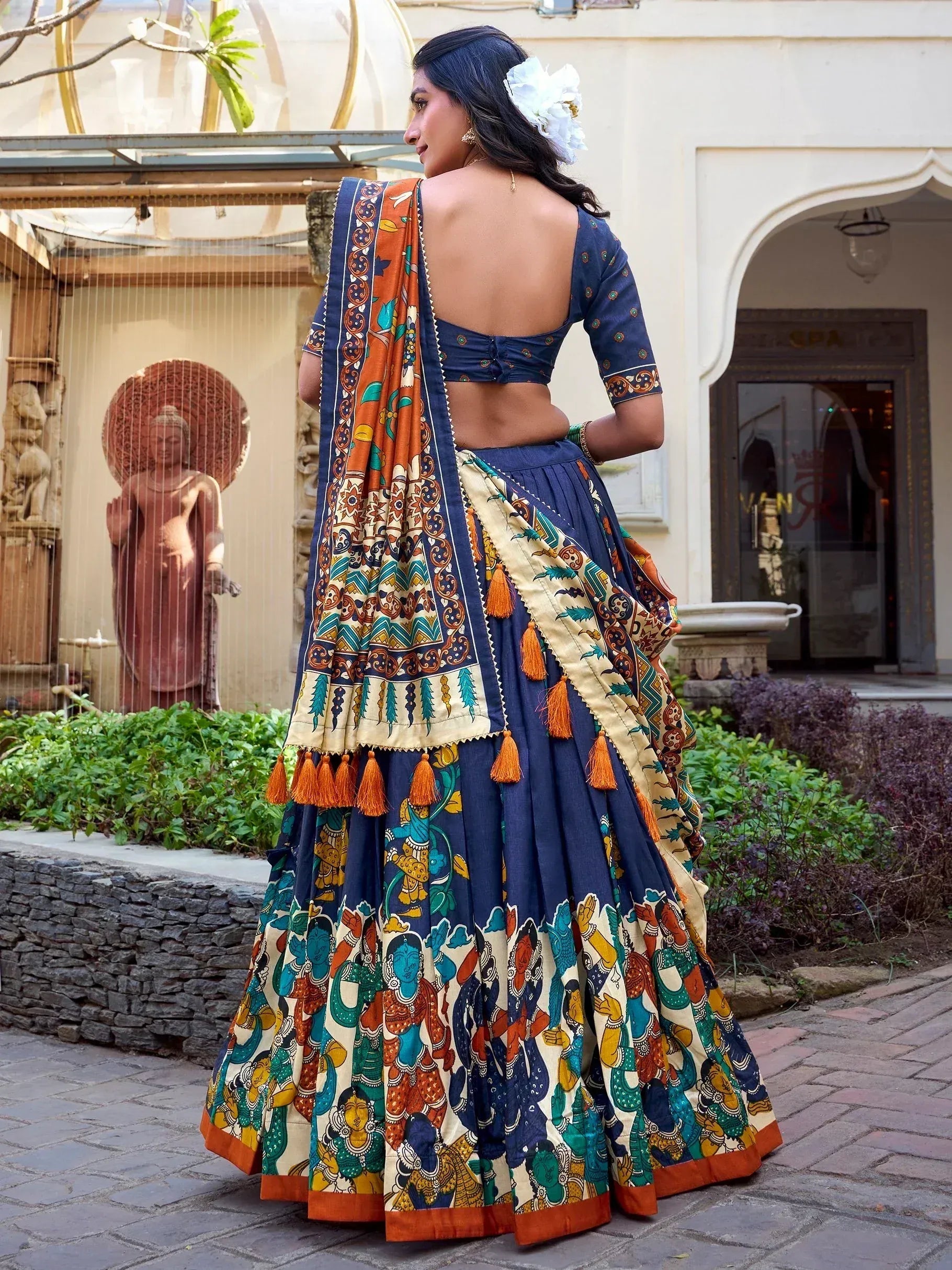 Blue printed lehenga choli with tassels, ethnic Indian wear for women
