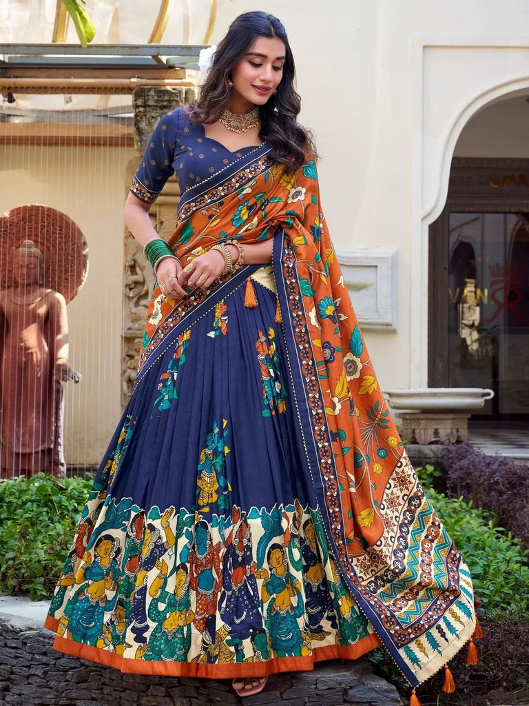 Enchanting Navy Blue Kalamkari Print Tussar Silk Traditional Lehenga Choli - Ethnic Plus In