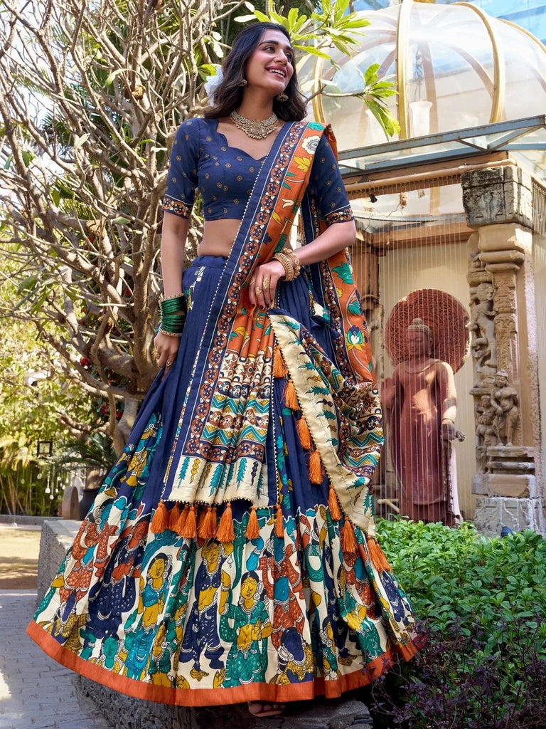 Enchanting Navy Blue Kalamkari Print Tussar Silk Traditional Lehenga Choli - Ethnic Plus In