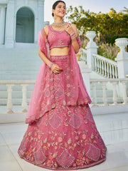 Enchanting Pink Embroidered Net Designer Lehenga Choli With Dupatta - Ethnic Plus In