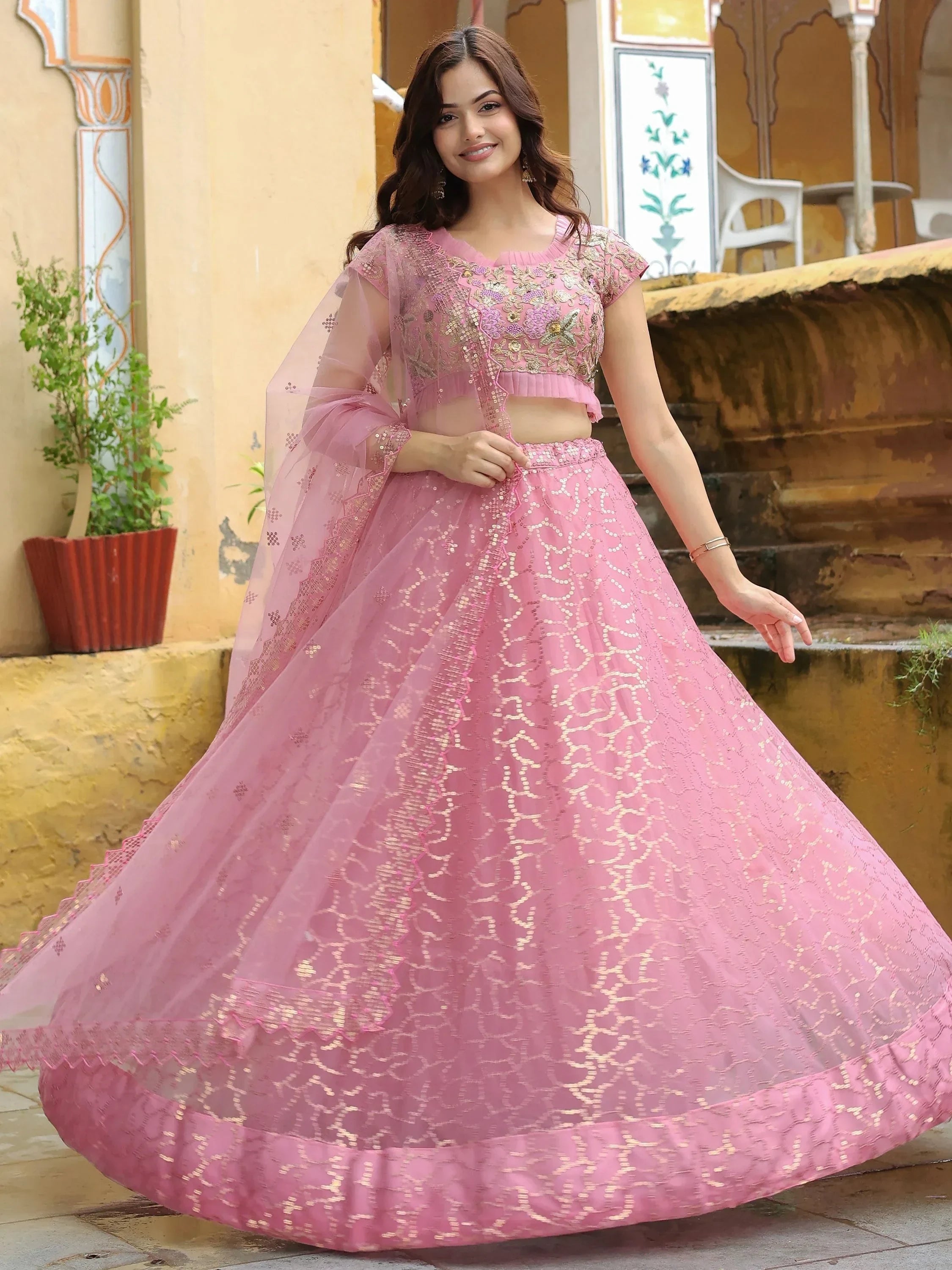 Pink embroidered lehenga choli with sheer dupatta, Indian ethnic wear for weddings and festivals