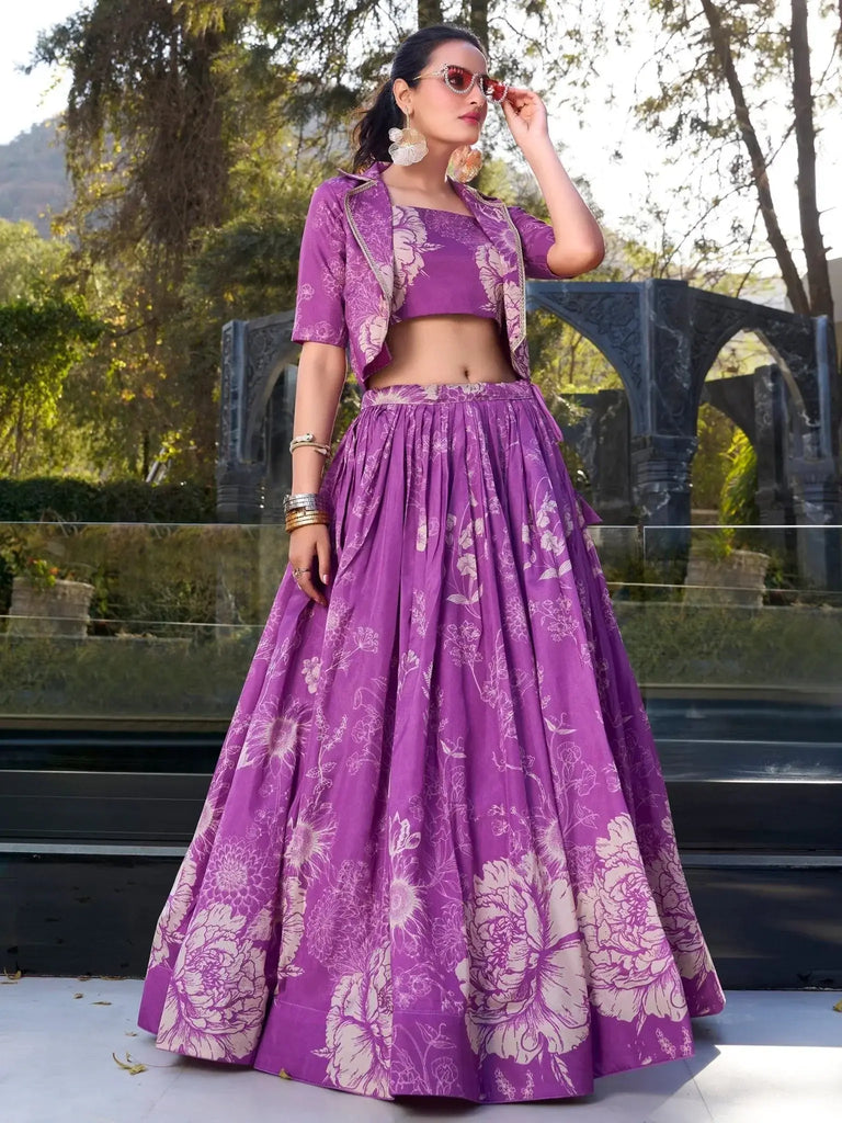 Enchanting Purple Printed Tussar Silk Cocktail Wear Crop Top Lehenga With Jacket - Ethnic Plus In
