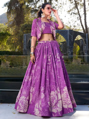 Enchanting Purple Printed Tussar Silk Cocktail Wear Crop Top Lehenga With Jacket - Ethnic Plus In