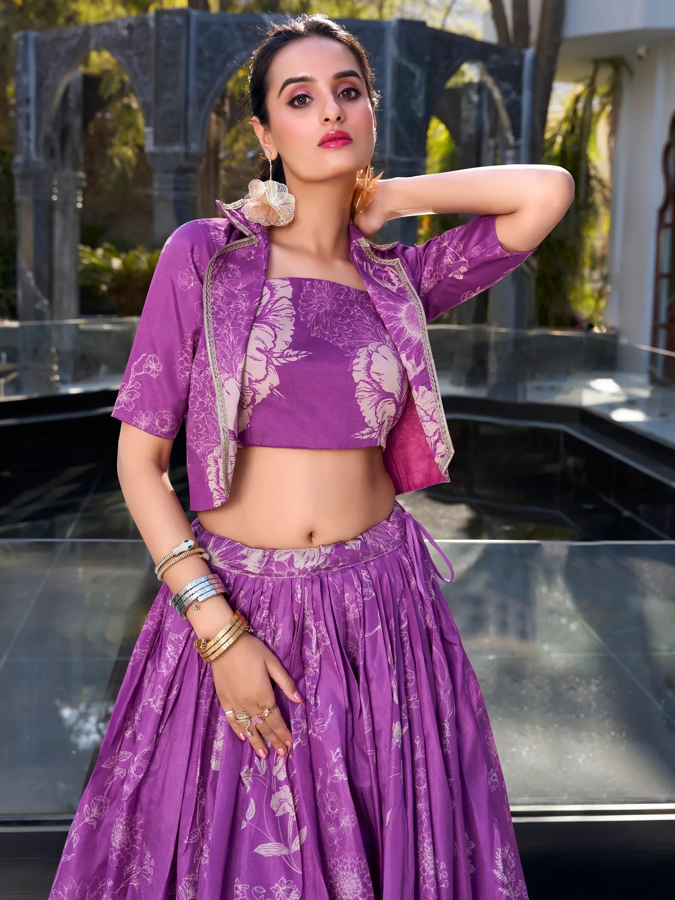 Enchanting Purple Printed Tussar Silk Cocktail Wear Crop Top Lehenga With Jacket - Ethnic Plus In