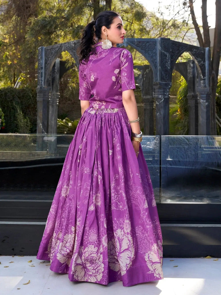 Enchanting Purple Printed Tussar Silk Cocktail Wear Crop Top Lehenga With Jacket - Ethnic Plus In