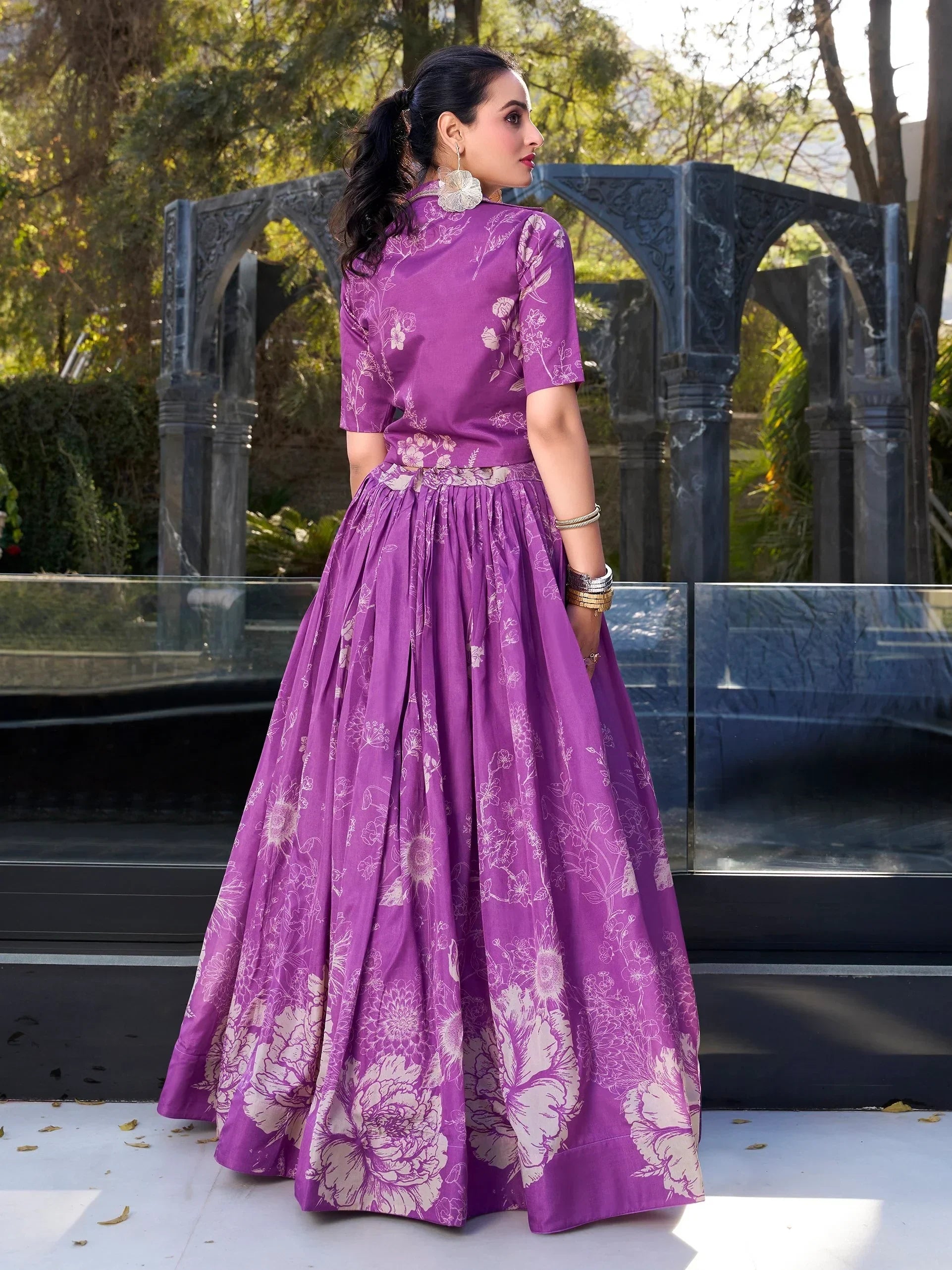 Enchanting Purple Printed Tussar Silk Cocktail Wear Crop Top Lehenga With Jacket - Ethnic Plus In