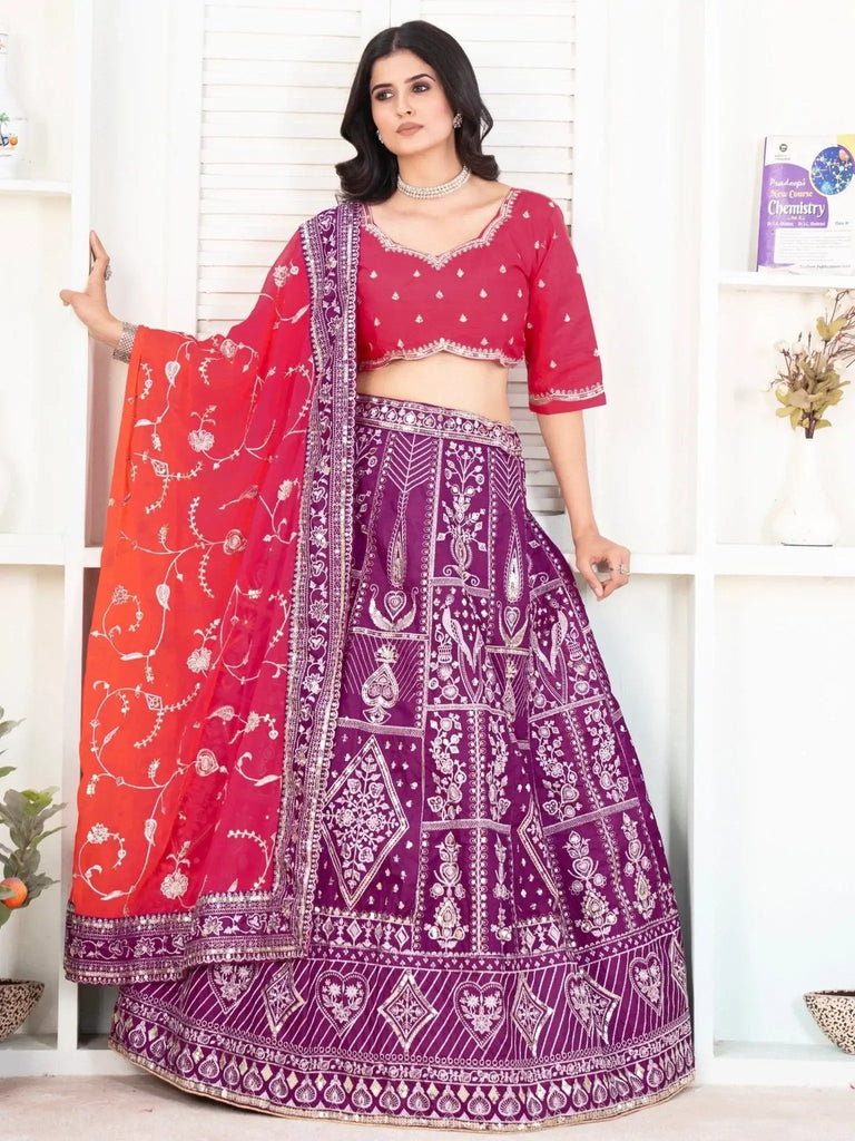Enchanting Purple Sequins Silk Traditional Lehenga With Red Choli - Ethnic Plus In