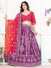 Enchanting Purple Sequins Silk Traditional Lehenga With Red Choli - Ethnic Plus In