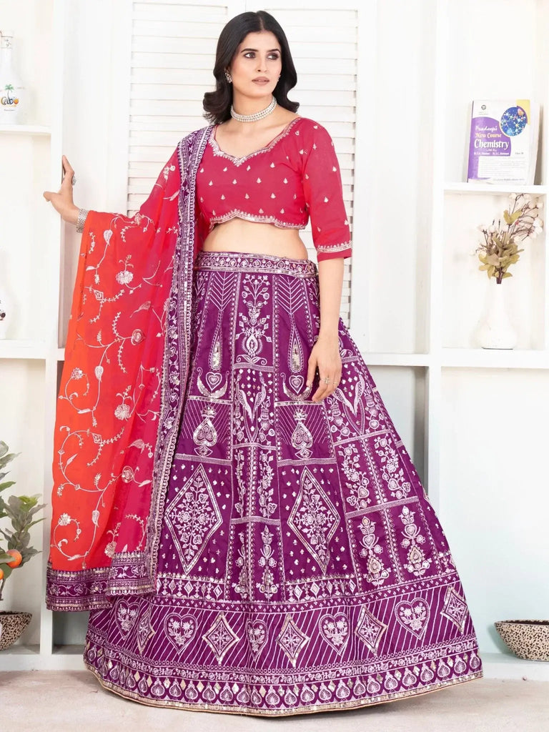 Enchanting Purple Sequins Silk Traditional Lehenga With Red Choli - Ethnic Plus In