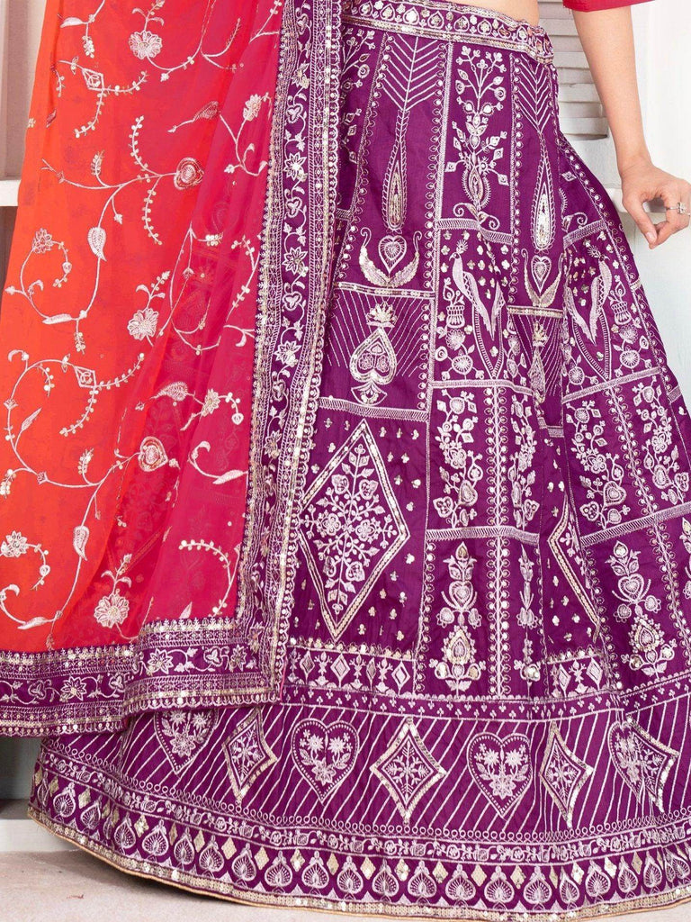 Enchanting Purple Sequins Silk Traditional Lehenga With Red Choli - Ethnic Plus In