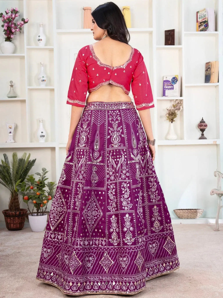 Enchanting Purple Sequins Silk Traditional Lehenga With Red Choli - Ethnic Plus In