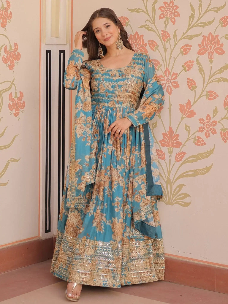 Enchanting Sky Blue Digital Print Festive Wear Anarkali Gown - Ethnic Plus In
