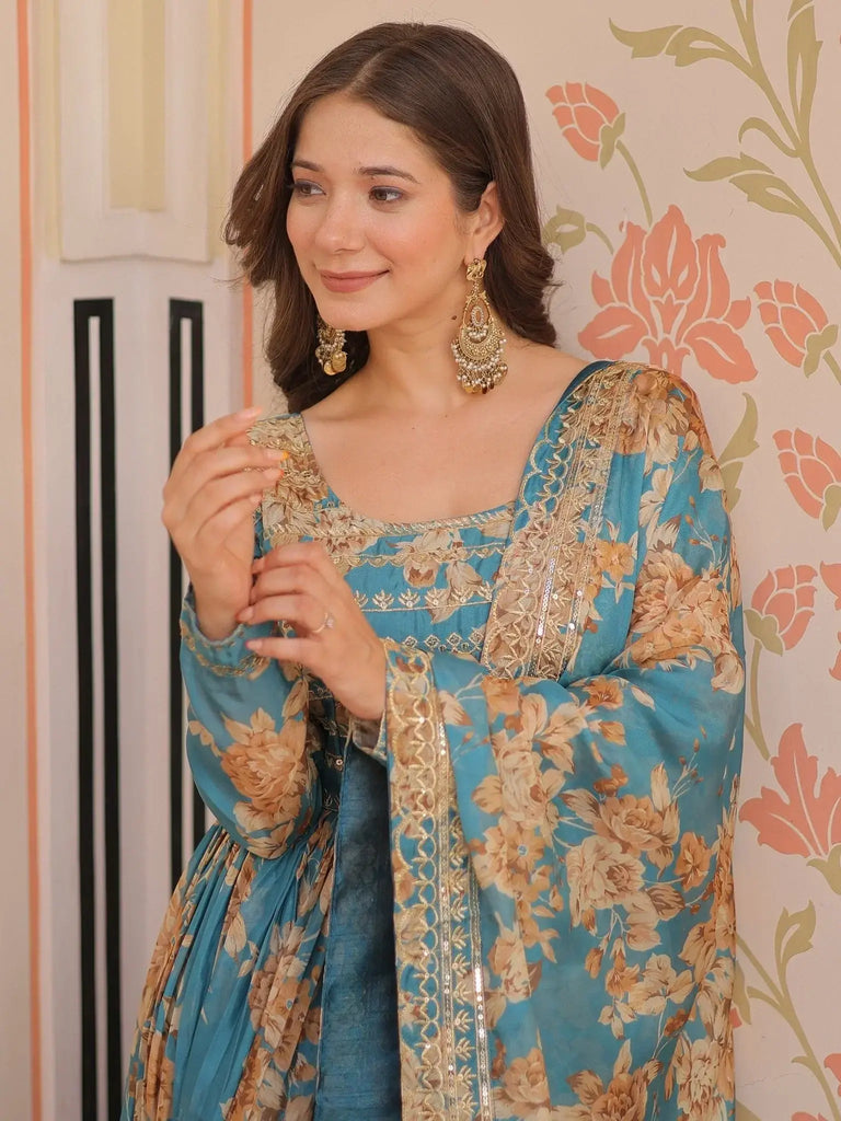 Enchanting Sky Blue Digital Print Festive Wear Anarkali Gown - Ethnic Plus In