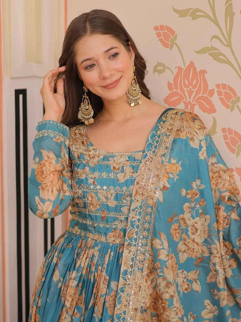Enchanting Sky Blue Digital Print Festive Wear Anarkali Gown - Ethnic Plus In