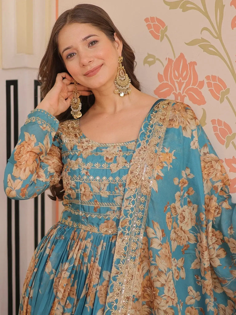 Enchanting Sky Blue Digital Print Festive Wear Anarkali Gown - Ethnic Plus In