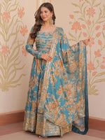 Enchanting Sky Blue Digital Print Festive Wear Anarkali Gown