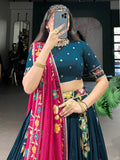 Enchanting Teal Blue Foil Work Tussar Silk Lehenga Choli With Pink Dupatta - Ethnic Plus In