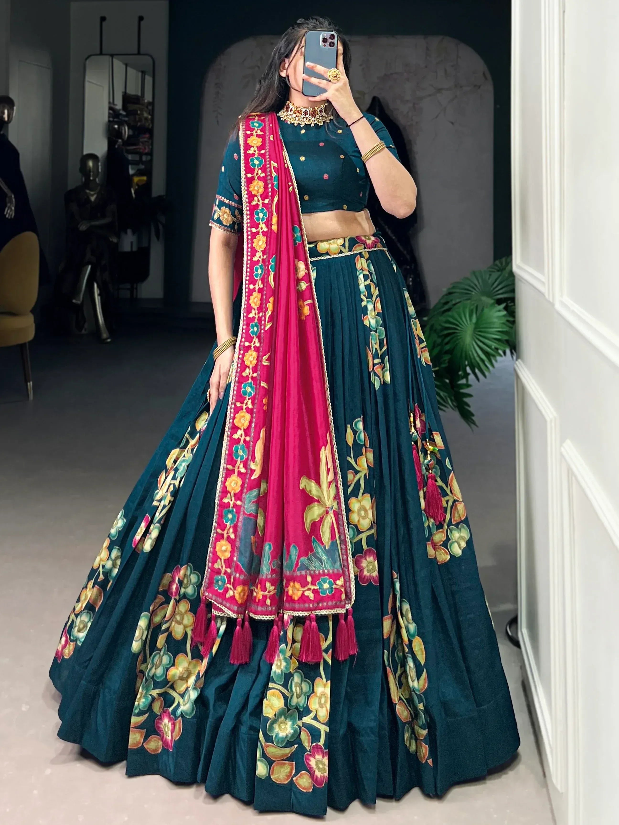 Teal floral lehenga choli with pink dupatta, perfect for Indian ethnic wear and festive occasions