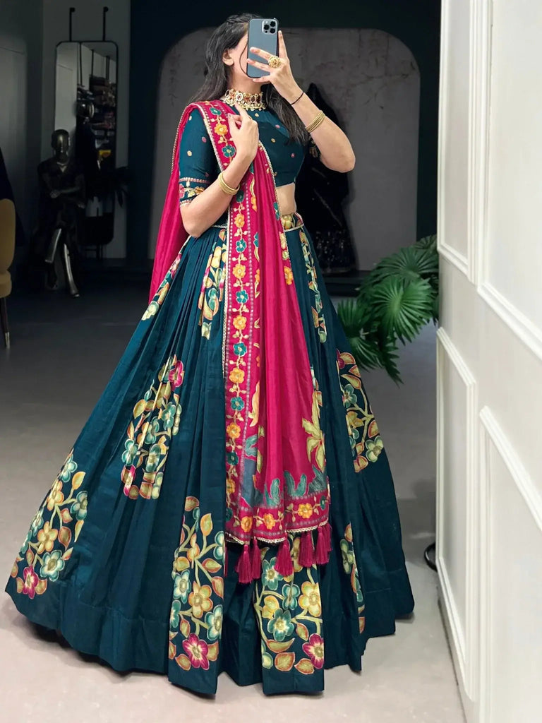 Enchanting Teal Blue Foil Work Tussar Silk Lehenga Choli With Pink Dupatta - Ethnic Plus In