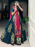 Enchanting Teal Blue Foil Work Tussar Silk Lehenga Choli With Pink Dupatta - Ethnic Plus In