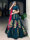 Enchanting Teal Blue Foil Work Tussar Silk Lehenga Choli With Pink Dupatta - Ethnic Plus In