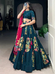 Enchanting Teal Blue Foil Work Tussar Silk Lehenga Choli With Pink Dupatta - Ethnic Plus In