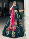 Enchanting Teal Blue Foil Work Tussar Silk Lehenga Choli With Pink Dupatta - Ethnic Plus In