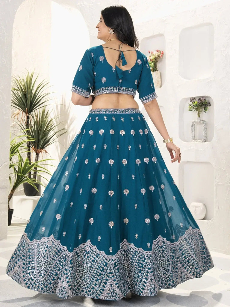 Enchanting Teal Blue Sequins Georgette Bridesmaid Lehenga Choli - Ethnic Plus In