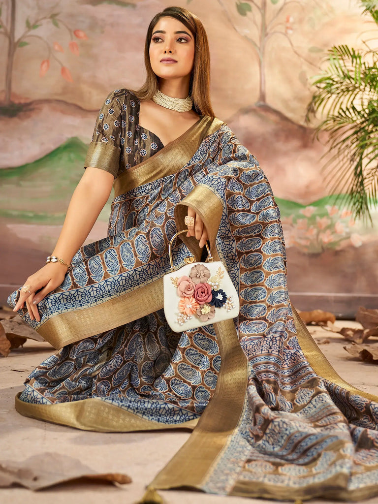 Enchanting Brown Printed Dola Silk Traditional Saree With Blouse