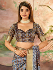 Enchanting Brown Printed Dola Silk Traditional Saree With Blouse