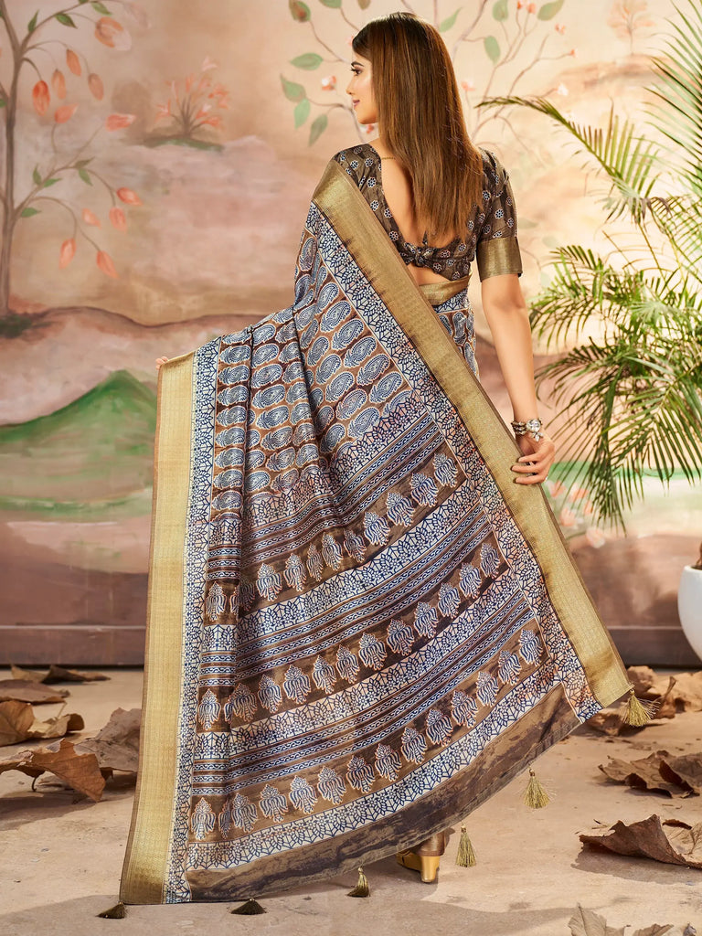 Enchanting Brown Printed Dola Silk Traditional Saree With Blouse