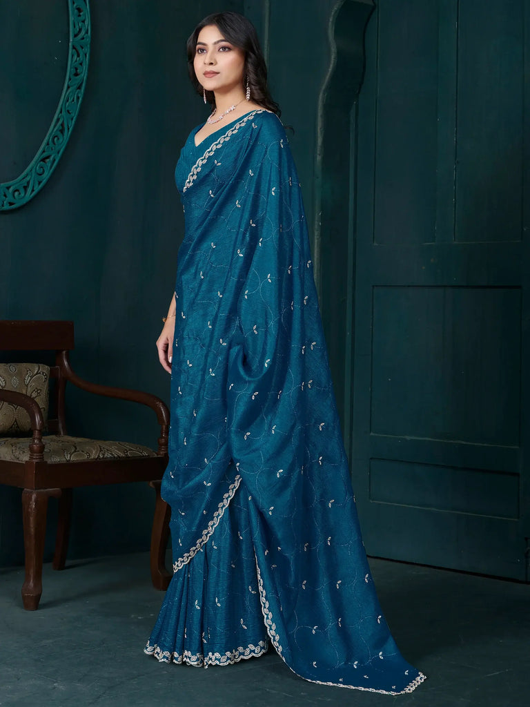 Enchanting Teal Blue Diamond Work Crepe Saree With Blouse