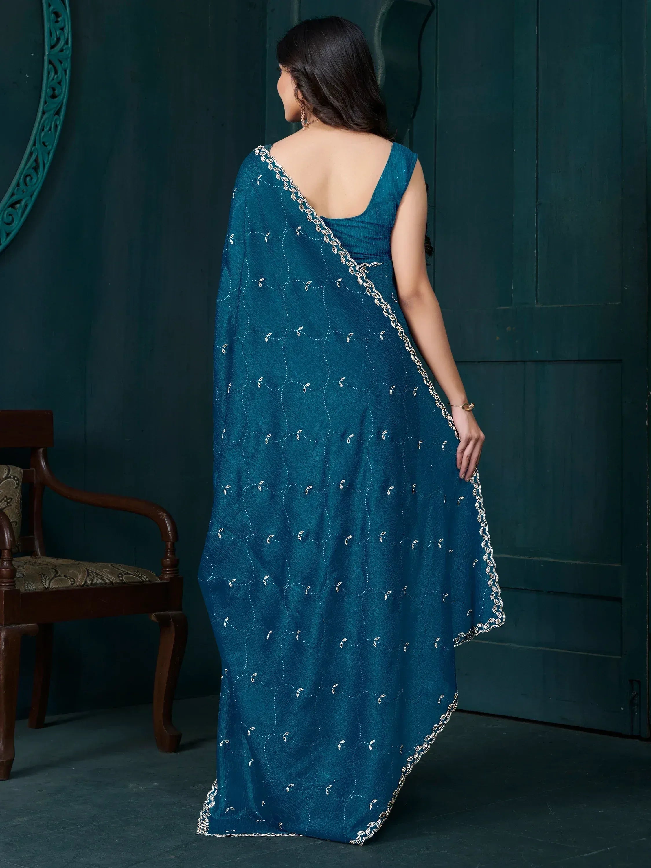 Teal blue embroidered saree with open back blouse, Indian ethnic wear for women