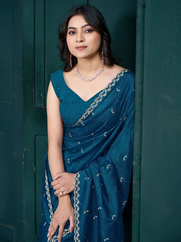 Enchanting Teal Blue Diamond Work Crepe Saree With Blouse