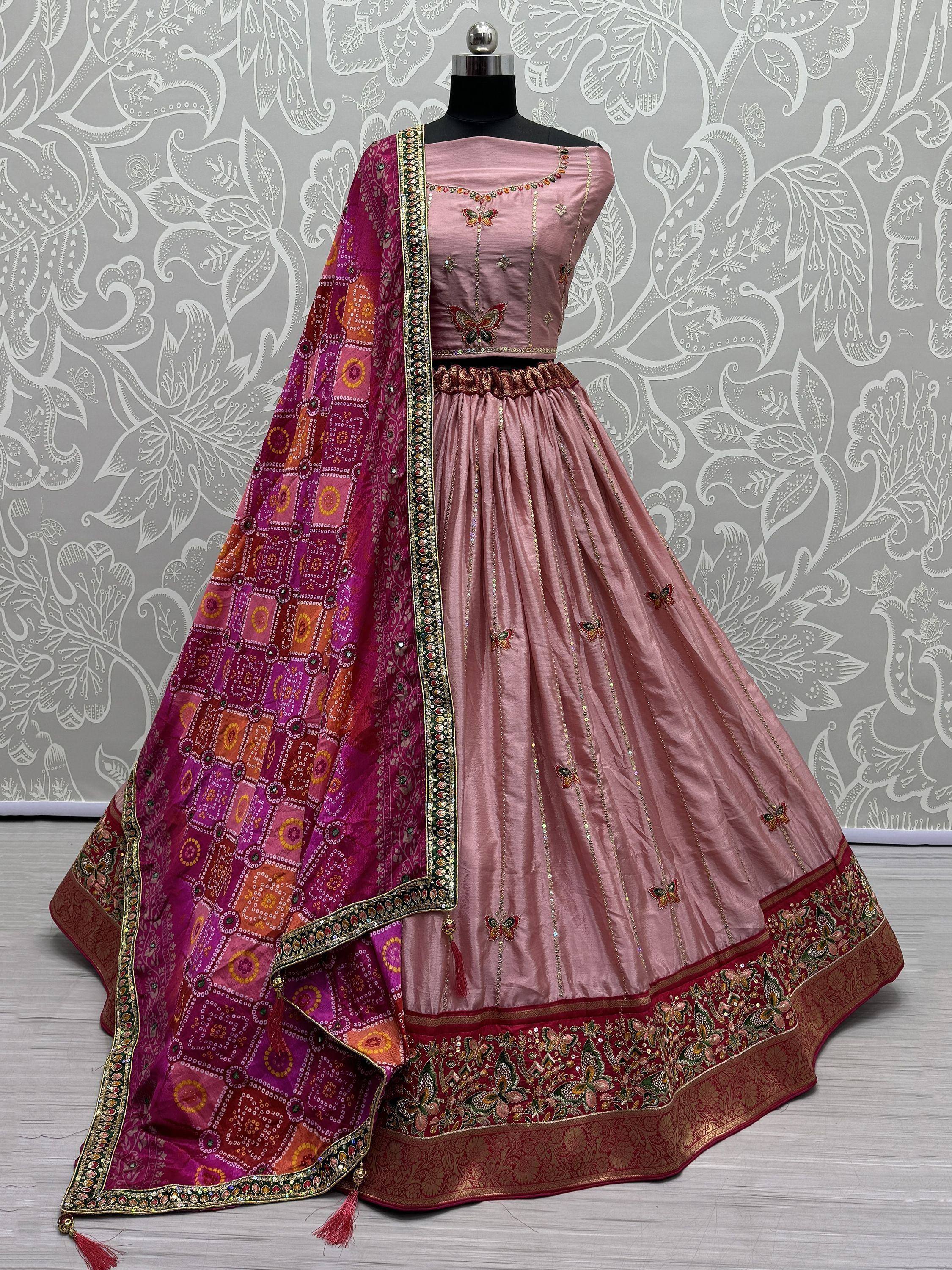 Pink designer lehenga choli with butterfly embroidery and printed dupatta, Indian ethnic wear