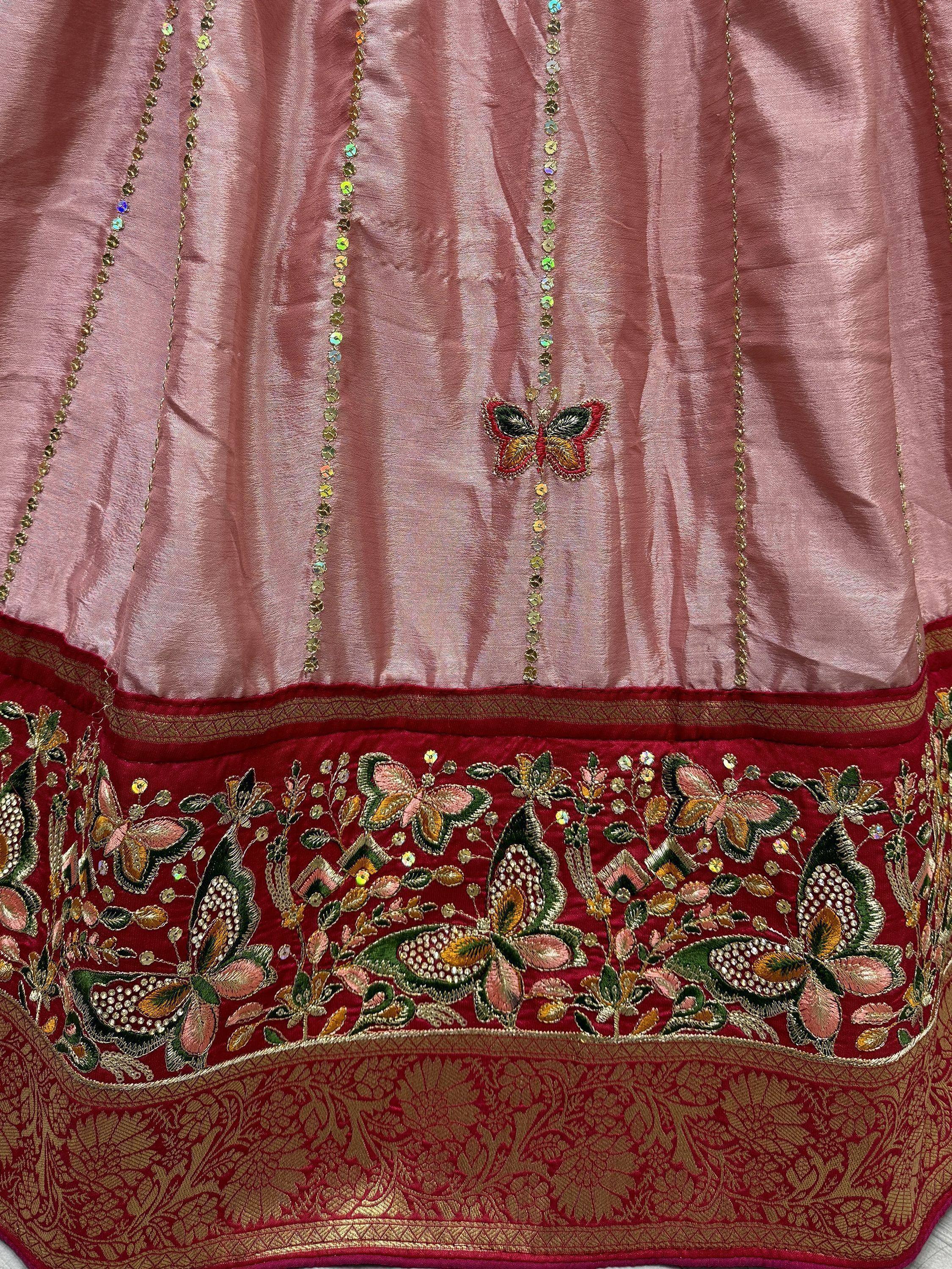 Pink and maroon ethnic lehenga with butterfly embroidery and sequin detailing