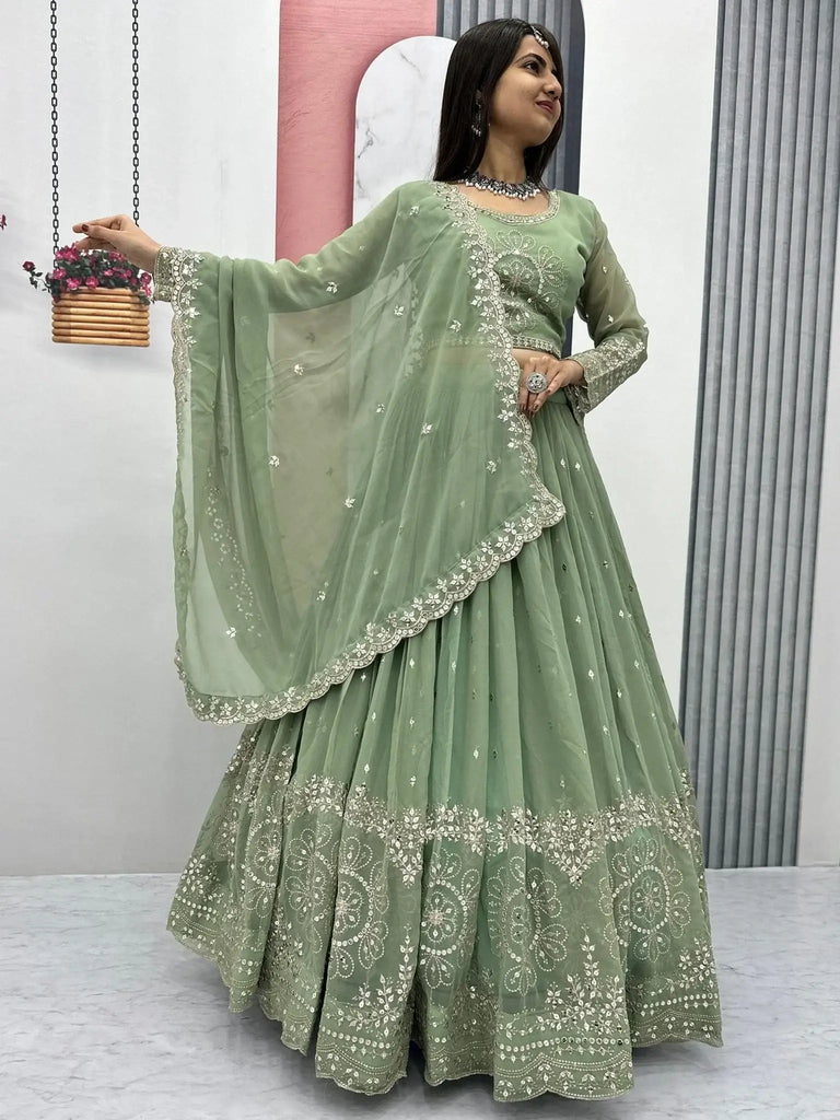 Endearing Pista Green Embroidered Georgette Event Wear Lehenga Choli - Ethnic Plus In