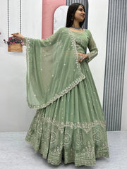 Endearing Pista Green Embroidered Georgette Event Wear Lehenga Choli - Ethnic Plus In