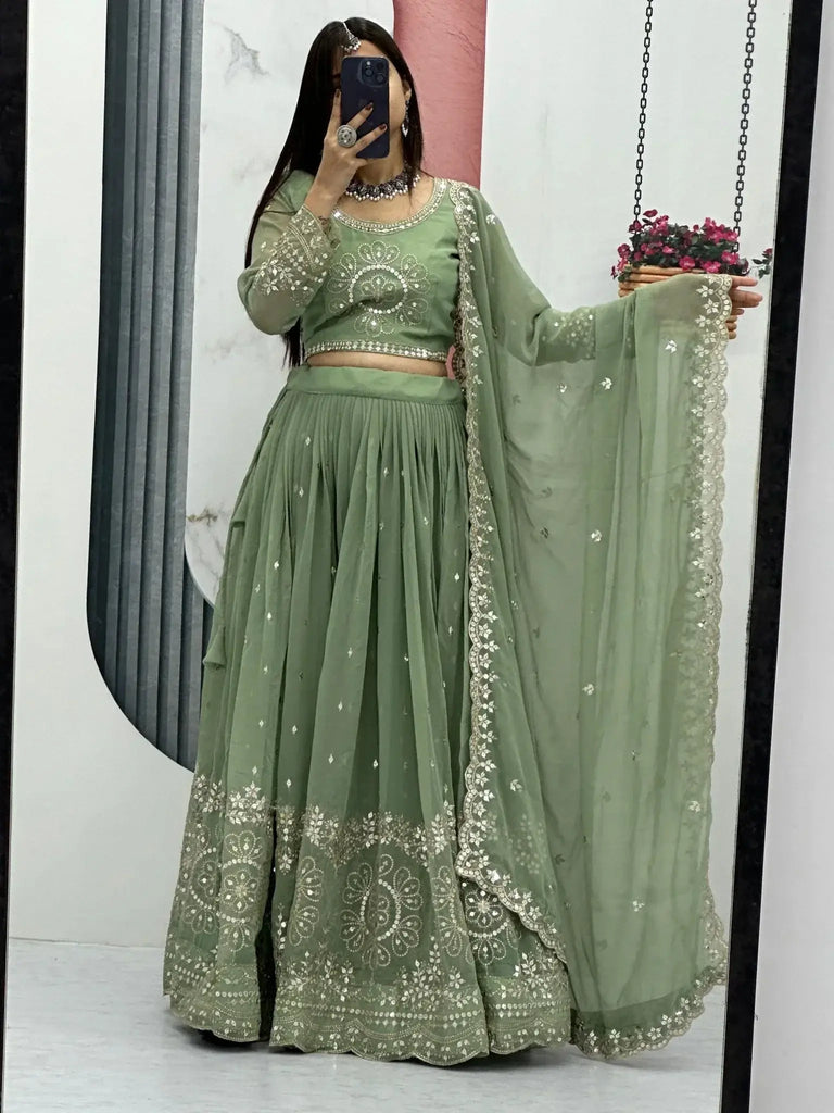 Endearing Pista Green Embroidered Georgette Event Wear Lehenga Choli - Ethnic Plus In