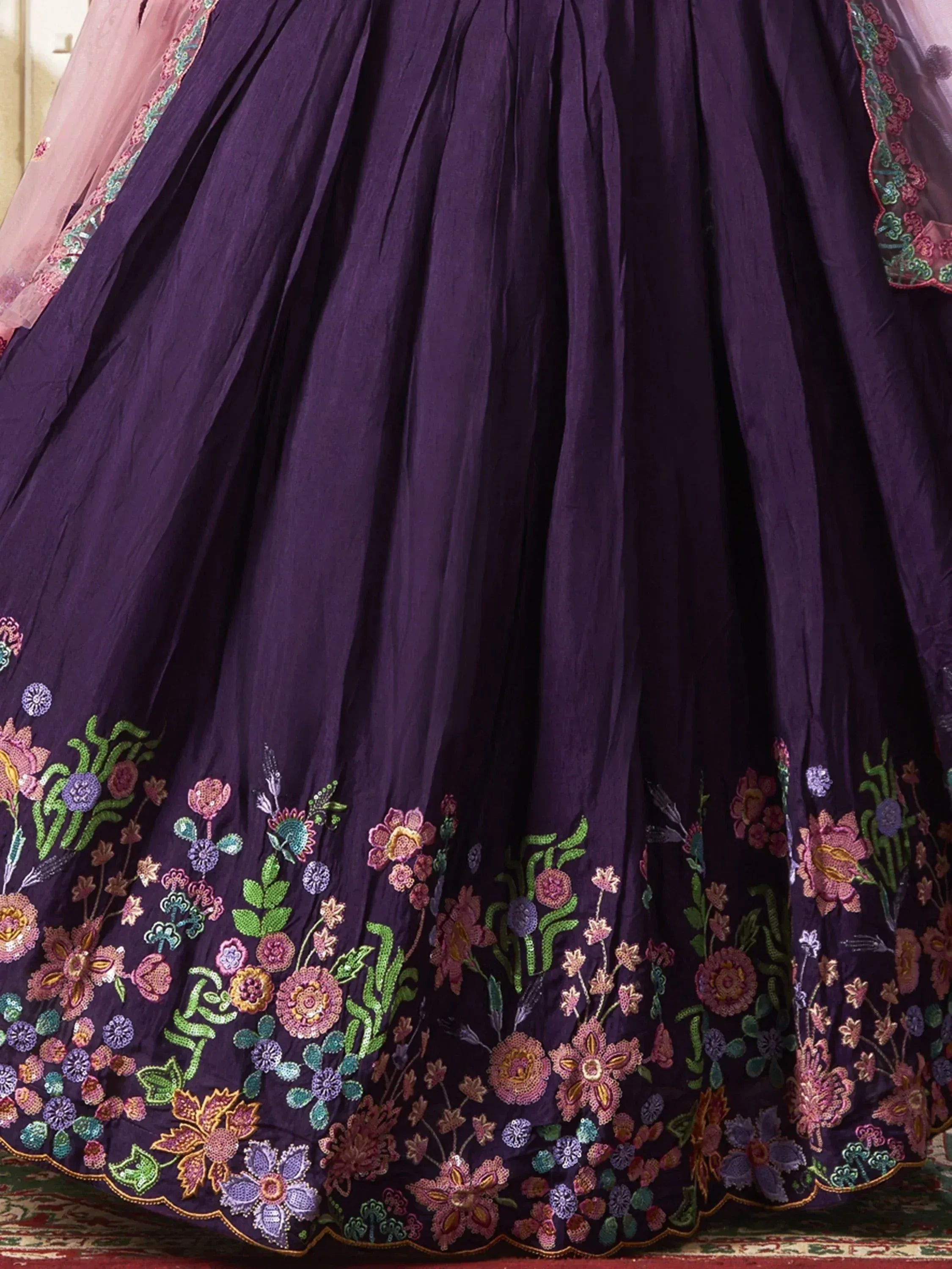 Purple lehenga with colorful floral embroidery and pink dupatta, Indian ethnic wear