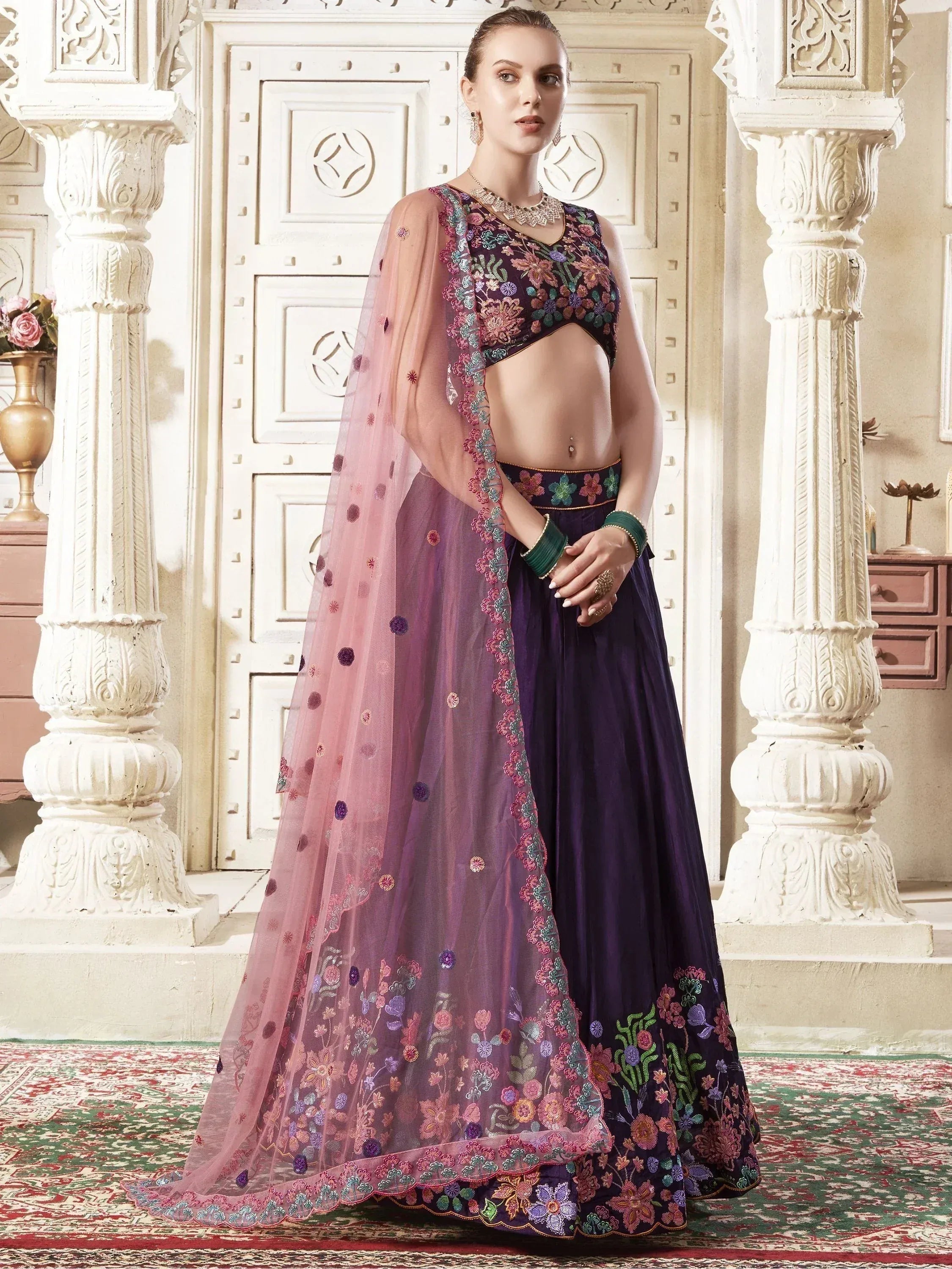 Purple floral embroidered lehenga choli with pink net dupatta, Indian ethnic wear for women