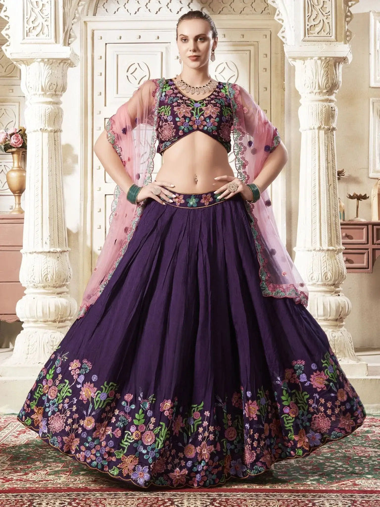 Endearing Purple Color Sequins Work Silk Wedding Wear Lehenga Choli - Ethnic Plus In