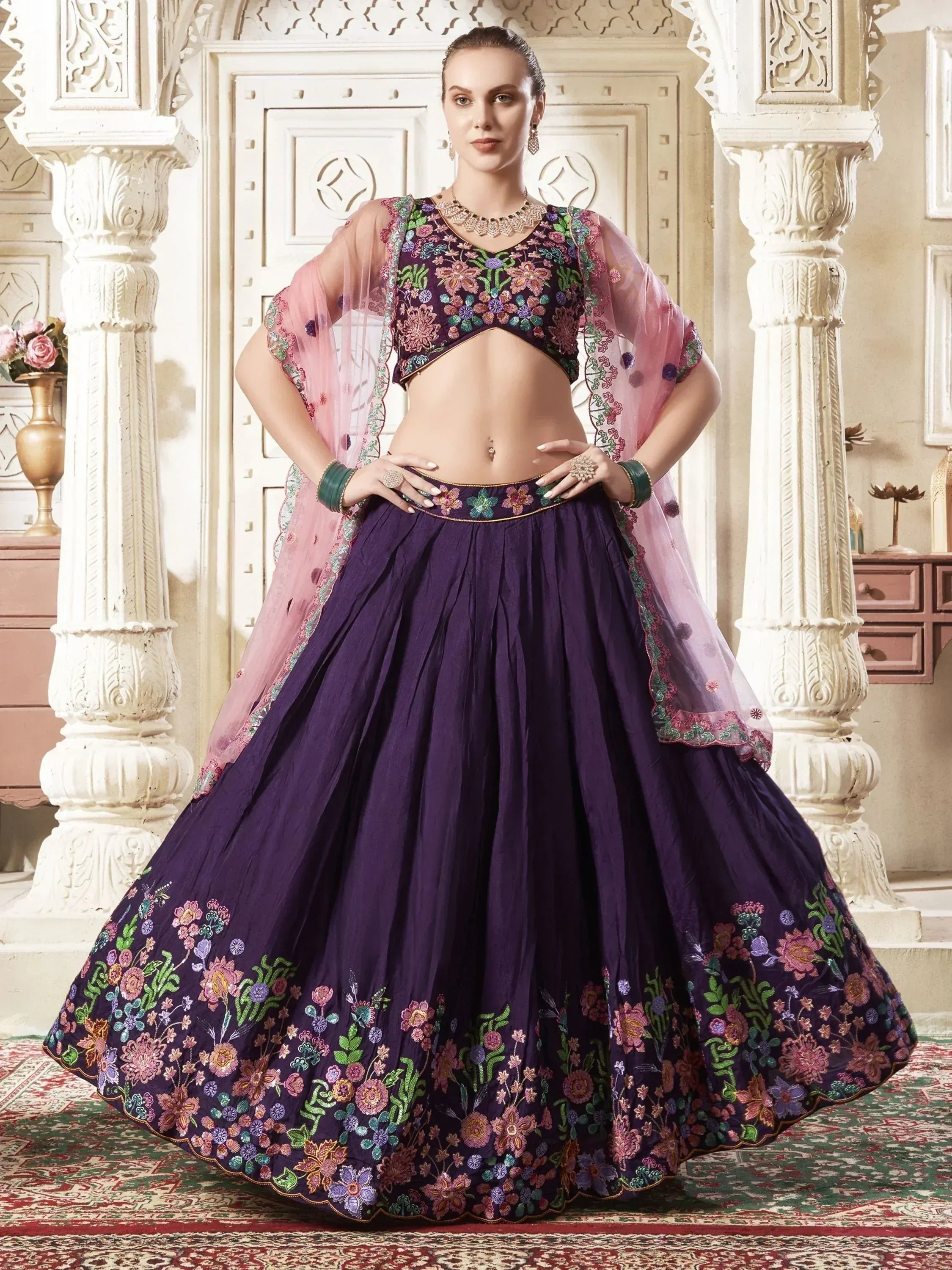 Purple floral embroidered lehenga choli with pink dupatta, Indian ethnic wear for women