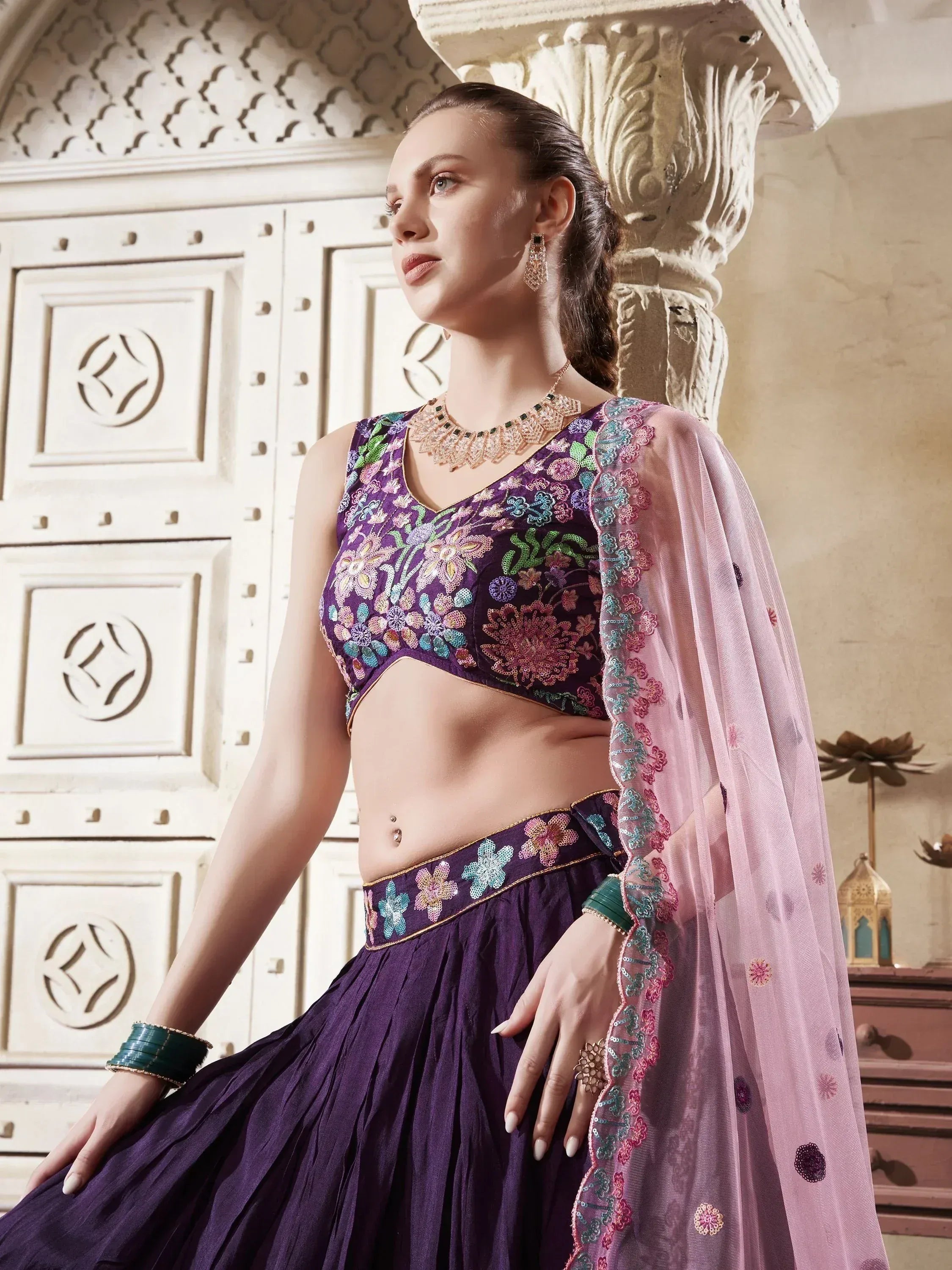 Purple floral embroidered lehenga choli with pink dupatta, Indian ethnic wear for women