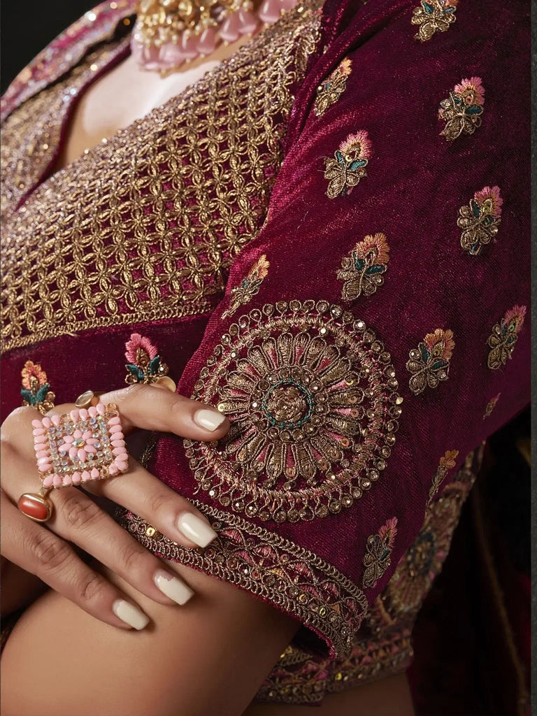 Endearing Rani Pink Codding Velvet Bridal Lehenga Choli With Double Dupatta - Ethnic Plus In