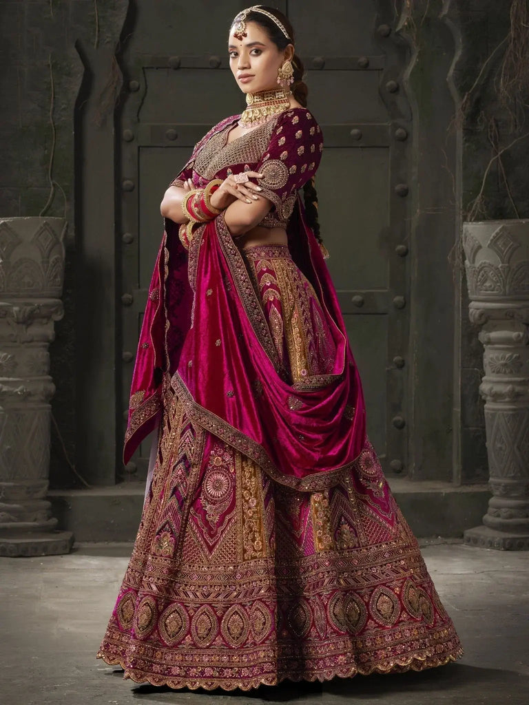 Endearing Rani Pink Codding Velvet Bridal Lehenga Choli With Double Dupatta - Ethnic Plus In