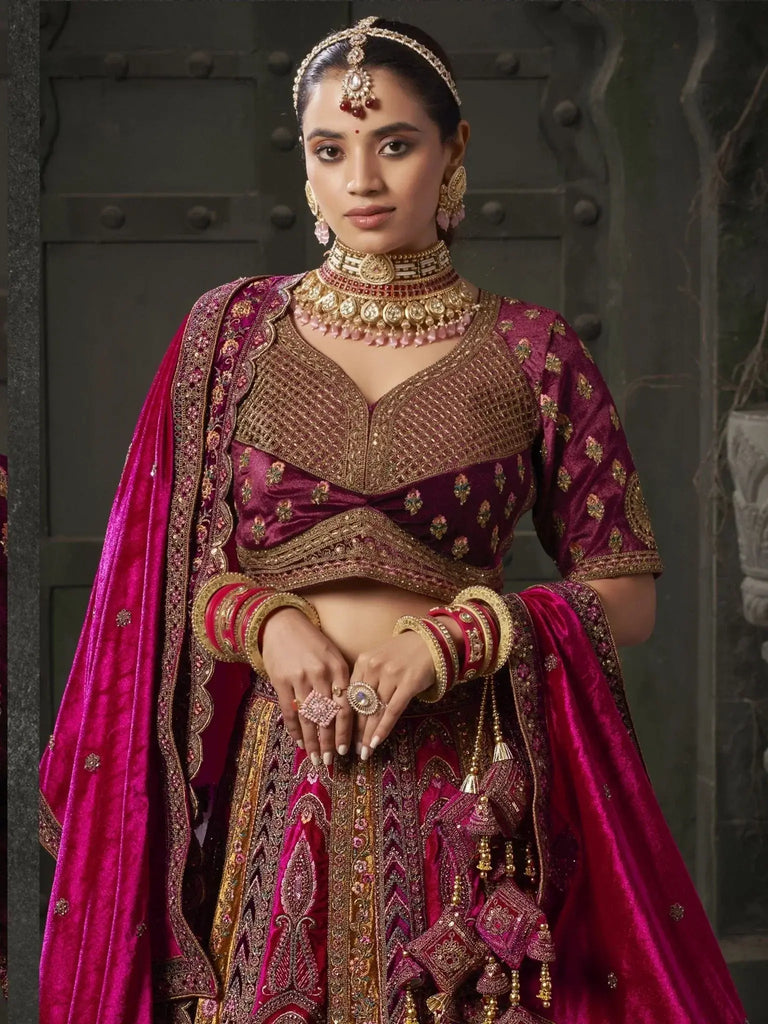 Endearing Rani Pink Codding Velvet Bridal Lehenga Choli With Double Dupatta - Ethnic Plus In