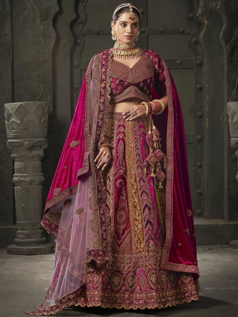 Endearing Rani Pink Codding Velvet Bridal Lehenga Choli With Double Dupatta - Ethnic Plus In