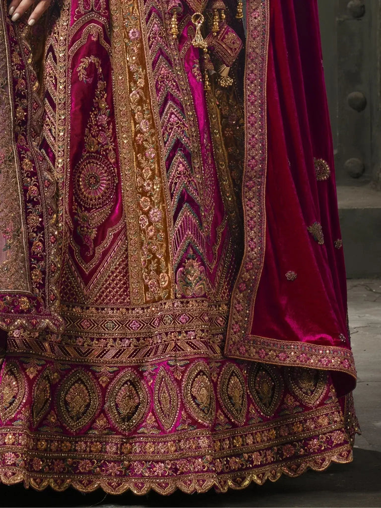 Endearing Rani Pink Codding Velvet Bridal Lehenga Choli With Double Dupatta - Ethnic Plus In